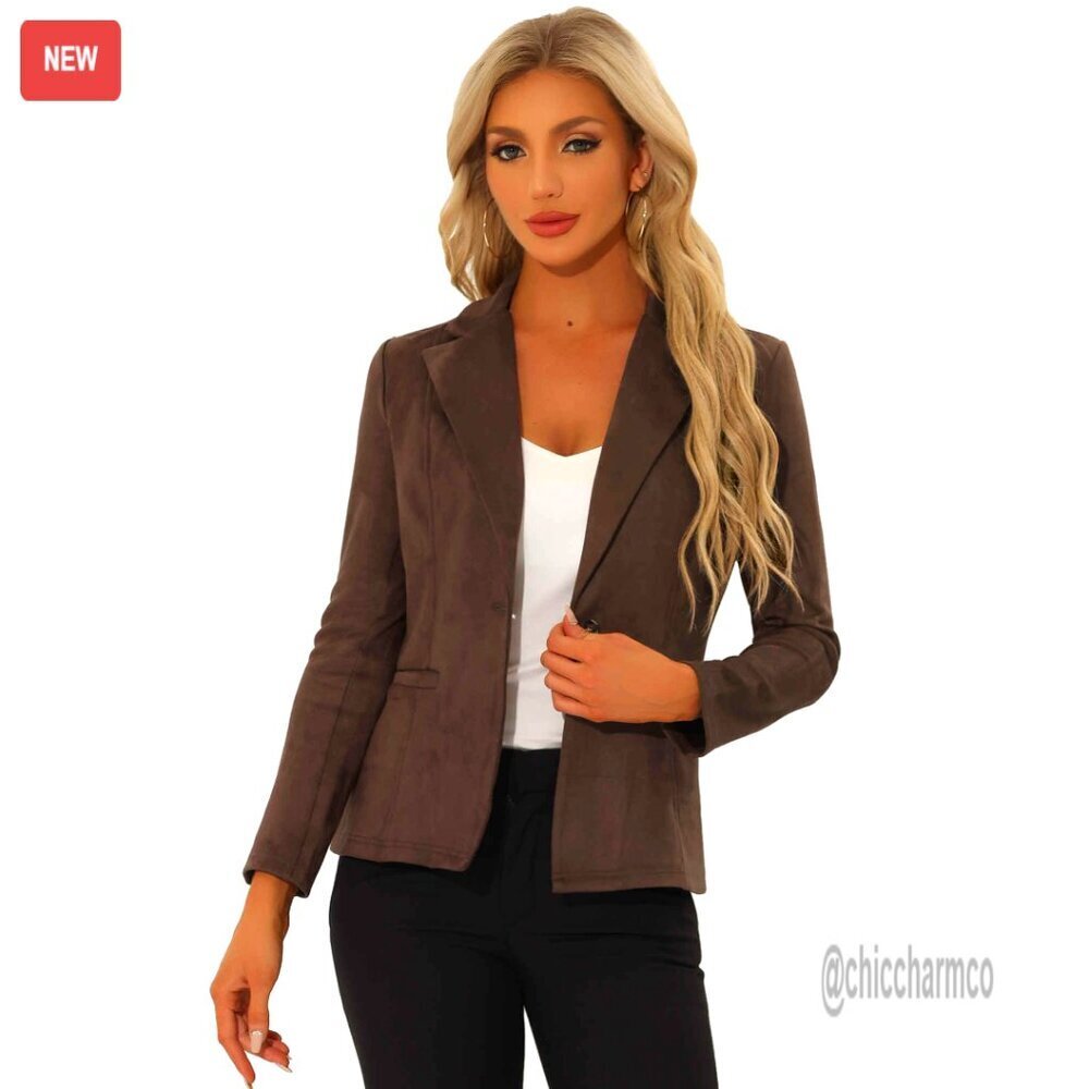 Faux Suede Blazer Lapel Collar Long Sleeve Office Work Jacket Chic Classic